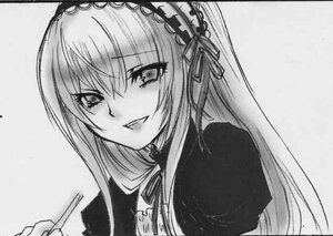 Rating: Safe Score: 0 Tags: 1girl dress greyscale hairband image long_hair looking_at_viewer monochrome simple_background smile solo suigintou User: admin