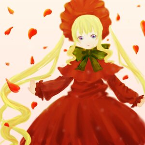 Rating: Safe Score: 0 Tags: 1girl blonde_hair blue_eyes bonnet bow bowtie dress green_bow green_neckwear image long_hair long_sleeves looking_at_viewer petals red_dress rose_petals shinku solo twintails User: admin