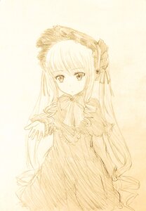 Rating: Safe Score: 0 Tags: 1girl bow dress frills hairband image long_hair long_sleeves looking_at_viewer monochrome shinku simple_background solo striped very_long_hair white_background User: admin