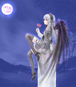 Rating: Safe Score: 0 Tags: 1girl black_dress black_legwear dress flower frills full_body full_moon hairband high_heels image long_hair long_sleeves moon night night_sky profile red_eyes rose shoes silver_hair sky solo suigintou thighhighs wings User: admin