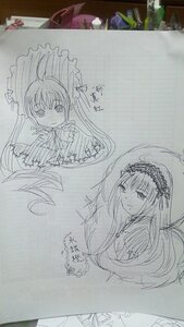 Rating: Safe Score: 0 Tags: blush dress frills hairband image long_hair looking_at_viewer monochrome multiple_girls pair shinku simple_background sketch smile suigintou traditional_media umbrella User: admin