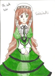 Rating: Safe Score: 0 Tags: 1girl brown_hair dress green_dress green_eyes image long_hair long_sleeves looking_at_viewer red_eyes ribbon solo suiseiseki white_background User: admin