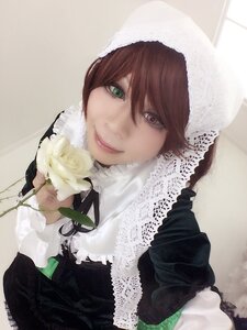 Rating: Safe Score: 0 Tags: 1girl bangs brown_hair closed_mouth flower green_eyes hair_between_eyes lips long_sleeves looking_at_viewer photo rose short_hair smile solo suiseiseki upper_body white_flower white_rose User: admin