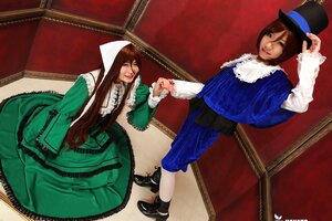 Rating: Safe Score: 0 Tags: 2girls bangs brown_hair dress green_dress hat holding_hands long_hair long_sleeves looking_at_viewer multiple_cosplay multiple_girls short_hair sitting smile tagme top_hat twins User: admin