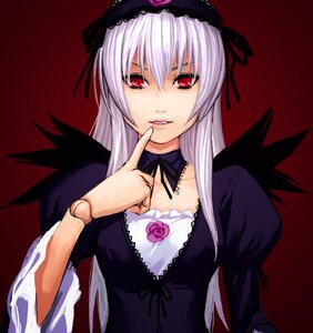 Rating: Safe Score: 0 Tags: 1girl bad_id bad_pixiv_id black_wings detached_collar doll_joints dress finger_to_mouth flower frills hairband hat image index_finger_raised joints light_purple_hair long_hair long_sleeves looking_at_viewer parted_lips red_background red_eyes rozen_maiden silver_hair simple_background solo suigintou upper_body wings yuuji_(and) User: admin