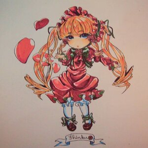 Rating: Safe Score: 0 Tags: 1girl blonde_hair blue_eyes bow bowtie dress flower frills full_body image long_hair looking_at_viewer marker_(medium) photo red_dress red_flower red_rose rose shinku shoes simple_background solo traditional_media twintails User: admin