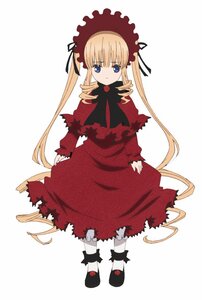 Rating: Safe Score: 0 Tags: 1girl black_footwear blonde_hair blue_eyes bonnet bow bowtie dress full_body image long_hair long_sleeves looking_at_viewer red_dress shinku shoes simple_background solo standing torn_clothes twintails very_long_hair white_background User: admin