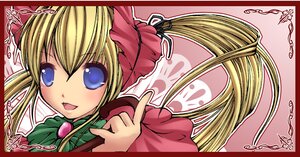 Rating: Safe Score: 0 Tags: 1girl :d blonde_hair blue_eyes bonnet bow dress flower image index_finger_raised letterboxed long_hair long_sleeves looking_at_viewer open_mouth pointing rose shinku smile solo User: admin