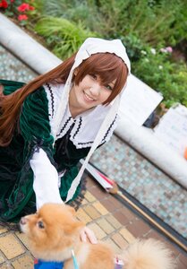 Rating: Safe Score: 0 Tags: 1girl blue_eyes blurry brown_hair depth_of_field dog dress fence green_dress head_scarf long_hair outdoors photo smile solo suiseiseki User: admin