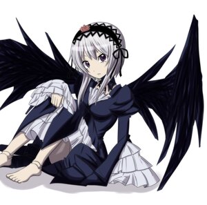 Rating: Safe Score: 0 Tags: 1girl barefoot black_wings doll_joints dress frills full_body hairband image joints long_hair long_sleeves looking_at_viewer silver_hair sitting solo suigintou white_background wings User: admin