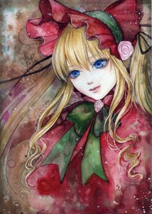 Rating: Safe Score: 0 Tags: 1girl auto_tagged blonde_hair blue_eyes bonnet bow bowtie flower green_bow green_neckwear image lips long_hair looking_at_viewer pink_flower pink_rose red_capelet red_rose rose shinku solo traditional_media upper_body User: admin