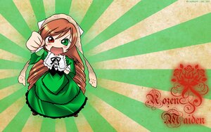 Rating: Safe Score: 0 Tags: 1girl brown_hair dress drill_hair frills green_dress green_eyes heterochromia image long_hair long_sleeves open_mouth red_eyes solo striped_background suiseiseki very_long_hair User: admin