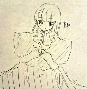 Rating: Safe Score: 0 Tags: 1girl bangs blunt_bangs capelet dress image long_hair long_sleeves looking_at_viewer monochrome ribbon shinku sidelocks smile solo very_long_hair User: admin