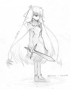 Rating: Safe Score: 0 Tags: 1girl barasuishou dress full_body holding_weapon image long_hair long_sleeves monochrome sketch solo standing sword very_long_hair weapon User: admin