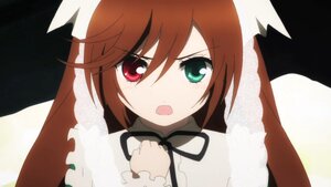 Rating: Safe Score: 0 Tags: 1girl :o black_ribbon brown_hair dress green_eyes heterochromia image long_sleeves looking_at_viewer neck_ribbon open_mouth red_eyes ribbon simple_background solo suiseiseki tears white_background wings User: admin