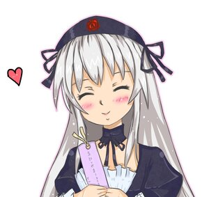 Rating: Safe Score: 0 Tags: 1girl black_ribbon blush closed_eyes dress flower hat heart image long_hair long_sleeves ribbon silver_hair simple_background smile solo striped suigintou upper_body white_background User: admin