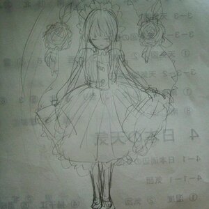 Rating: Safe Score: 0 Tags: 1girl apron dress flower full_body image long_hair long_sleeves low_twintails maid maid_headdress monochrome shinku sketch solo standing twintails User: admin