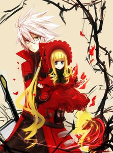 Rating: Safe Score: 0 Tags: 1boy 1girl blonde_hair blue_eyes bonnet boots bow dress flower green_eyes heterochromia image long_hair petals ragna_the_bloodedge shinku solo weapon white_hair User: admin