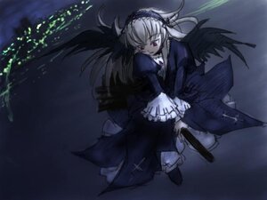 Rating: Safe Score: 0 Tags: 1girl black_wings cross dress flower frills full_body hairband holding image long_hair long_sleeves red_eyes rose solo suigintou weapon wings User: admin