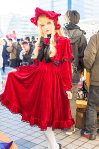 Rating: Safe Score: 0 Tags: 1girl blonde_hair blurry blurry_background bonnet depth_of_field dress flower long_hair long_sleeves looking_at_viewer photo red_dress shinku solo solo_focus standing tile_floor User: admin