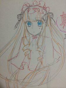 Rating: Safe Score: 0 Tags: 1girl bangs blonde_hair blue_eyes eyebrows_visible_through_hair image long_hair looking_at_viewer photo ribbon shinku solo traditional_media upper_body User: admin