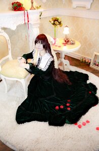 Rating: Safe Score: 0 Tags: 1girl brown_hair dress flower green_eyes long_hair painting_(object) red_flower red_rose rose sitting solo suiseiseki User: admin