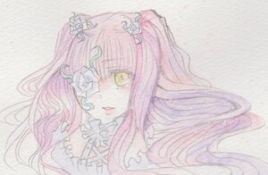 Rating: Safe Score: 0 Tags: 1girl bangs eyepatch flower hair_flower hair_ornament image kirakishou long_hair looking_at_viewer pink_hair smile solo traditional_media yellow_eyes User: admin