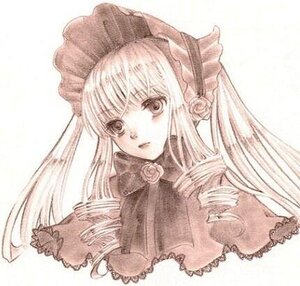 Rating: Safe Score: 0 Tags: 1girl bangs blonde_hair blush bonnet capelet dress flower hat image long_hair looking_at_viewer monochrome pink_flower pink_rose rose shinku simple_background solo upper_body white_background User: admin