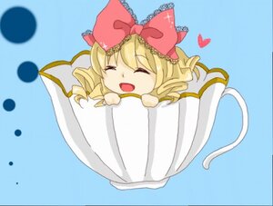 Rating: Safe Score: 0 Tags: 1girl :d ^_^ blonde_hair blue_background bow chibi closed_eyes drill_hair hair_bow heart hina_ichigo hinaichigo image in_container in_cup minigirl open_mouth smile solo User: admin