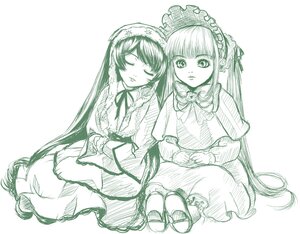 Rating: Safe Score: 0 Tags: 2girls bonnet closed_eyes dress frills image long_hair long_sleeves monochrome multiple_girls pair shinku sitting suiseiseki twintails very_long_hair User: admin