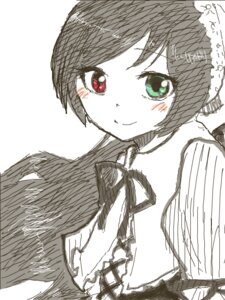 Rating: Safe Score: 0 Tags: 1girl bangs blush closed_mouth green_eyes image long_hair looking_at_viewer monochrome red_eyes ribbon simple_background smile solo spot_color suiseiseki upper_body white_background User: admin