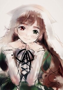 Rating: Safe Score: 0 Tags: 1girl bangs black_ribbon brown_hair closed_mouth dress green_eyes heterochromia image long_hair long_sleeves looking_at_viewer neck_ribbon red_eyes ribbon simple_background sketch smile solo suiseiseki upper_body User: admin