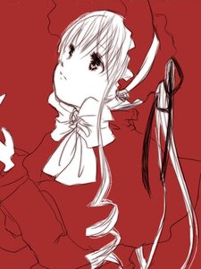 Rating: Safe Score: 0 Tags: 1girl dress image jewelry juliet_sleeves long_hair long_sleeves monochrome profile puffy_sleeves red_background red_theme shinku simple_background solo upper_body User: admin