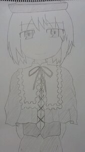 Rating: Safe Score: 0 Tags: 1girl artist_name capelet closed_mouth image looking_at_viewer monochrome neck_ribbon ribbon short_hair smile solo souseiseki traditional_media upper_body User: admin