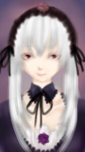 Rating: Safe Score: 0 Tags: 1girl bangs black_ribbon blurry blurry_background closed_mouth depth_of_field detached_collar dress flower frills hairband image long_hair looking_at_viewer red_eyes ribbon rose silver_hair simple_background smile solo suigintou User: admin