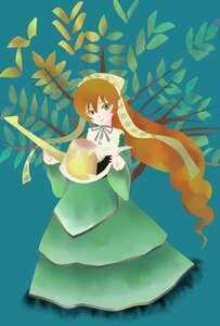 Rating: Safe Score: 0 Tags: 1girl brown_hair dress green_dress green_eyes holding image long_hair long_sleeves looking_at_viewer plant solo suiseiseki very_long_hair watering_can User: admin