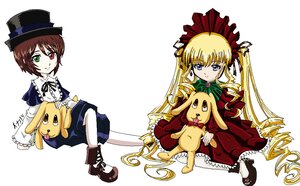 Rating: Safe Score: 0 Tags: 2girls blonde_hair blue_eyes bow brown_hair dress frills green_eyes hat heterochromia holding image long_hair long_sleeves looking_at_viewer multiple_girls pair red_dress red_eyes shinku sitting souseiseki top_hat very_long_hair white_background User: admin