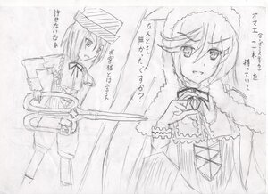 Rating: Safe Score: 0 Tags: 1girl capelet dress frills greyscale hat image long_sleeves looking_at_viewer monochrome neck_ribbon open_mouth pair ribbon short_hair sketch smile souseiseki suiseiseki weapon User: admin