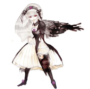 Rating: Safe Score: 0 Tags: 1girl black_wings boots dress flower full_body hairband image long_hair long_sleeves looking_at_viewer rose silver_hair simple_background solo standing suigintou white_background wings User: admin