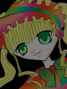 Rating: Safe Score: 0 Tags: 1girl bangs blonde_hair bonnet bow bowtie drill_hair flower green_bow green_eyes hat image long_hair looking_at_viewer red_flower red_rose rose shinku simple_background smile solo User: admin