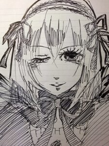 Rating: Safe Score: 0 Tags: 1girl auto_tagged greyscale hair_ribbon hairband image looking_at_viewer monochrome ribbon simple_background sketch solo suigintou User: admin