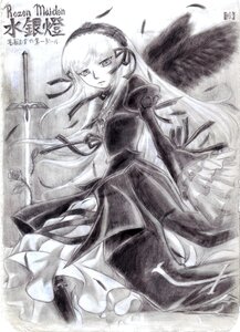 Rating: Safe Score: 0 Tags: 1girl black_wings dress feathered_wings feathers flower frills greyscale hairband image long_hair long_sleeves monochrome ribbon rose solo suigintou traditional_media very_long_hair wings User: admin