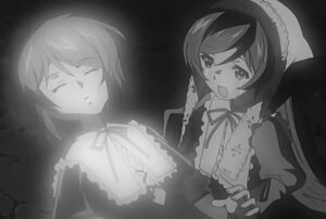 Rating: Safe Score: 0 Tags: 2girls closed_eyes greyscale image long_sleeves monochrome multicolored_hair multiple_girls neck_ribbon open_mouth pair short_hair souseiseki suiseiseki User: admin