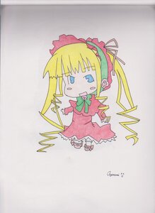 Rating: Safe Score: 0 Tags: 1girl blonde_hair blue_eyes blush_stickers bonnet bow bowtie dress image long_hair long_sleeves red_dress shinku solo traditional_media twintails User: admin