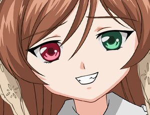 Rating: Safe Score: 0 Tags: 1girl bangs brown_hair eyebrows_visible_through_hair face green_eyes grin image long_hair looking_at_viewer red_eyes simple_background smile solo suiseiseki User: admin