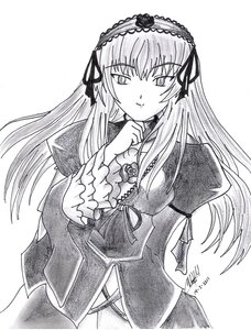 Rating: Safe Score: 0 Tags: 1girl closed_mouth dress flower frills greyscale hairband image long_hair long_sleeves looking_at_viewer monochrome ribbon rose signature simple_background solo suigintou traditional_media white_background wings User: admin
