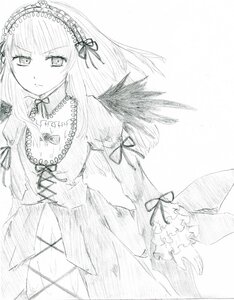 Rating: Safe Score: 0 Tags: 1girl dress feathered_wings frilled_sleeves frills greyscale hairband image long_hair long_sleeves looking_at_viewer monochrome ribbon solo suigintou traditional_media white_background wings User: admin