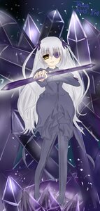 Rating: Safe Score: 0 Tags: 1girl barasuishou black_legwear dress eyepatch frills full_body holding image long_hair long_sleeves looking_at_viewer pantyhose ribbon silver_hair solo standing very_long_hair weapon yellow_eyes User: admin