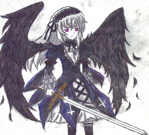 Rating: Safe Score: 0 Tags: 1girl black_wings dress feathered_wings feathers flower frills hairband holding holding_weapon image long_hair long_sleeves looking_at_viewer monochrome rose solo suigintou weapon wings User: admin