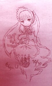 Rating: Safe Score: 0 Tags: 1girl auto_tagged bow bowtie dress frills full_body image long_hair long_sleeves looking_at_viewer monochrome shinku smile solo standing User: admin